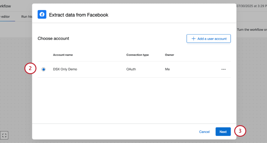 window where you add Facebook accounts to your workflow