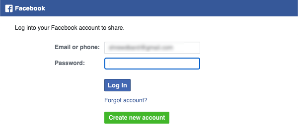A window where you log into Facebook