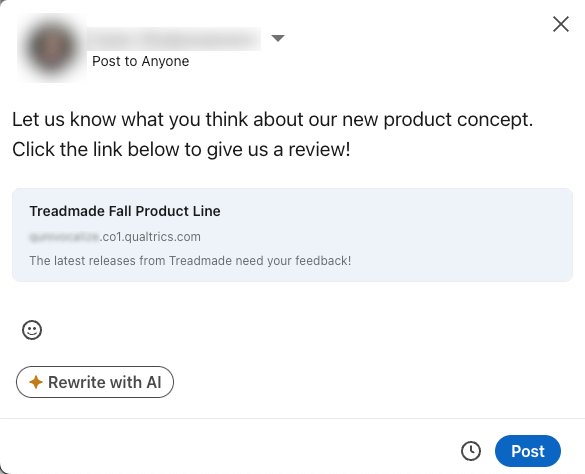 Preview of how survey description and name appears in a linkedin post