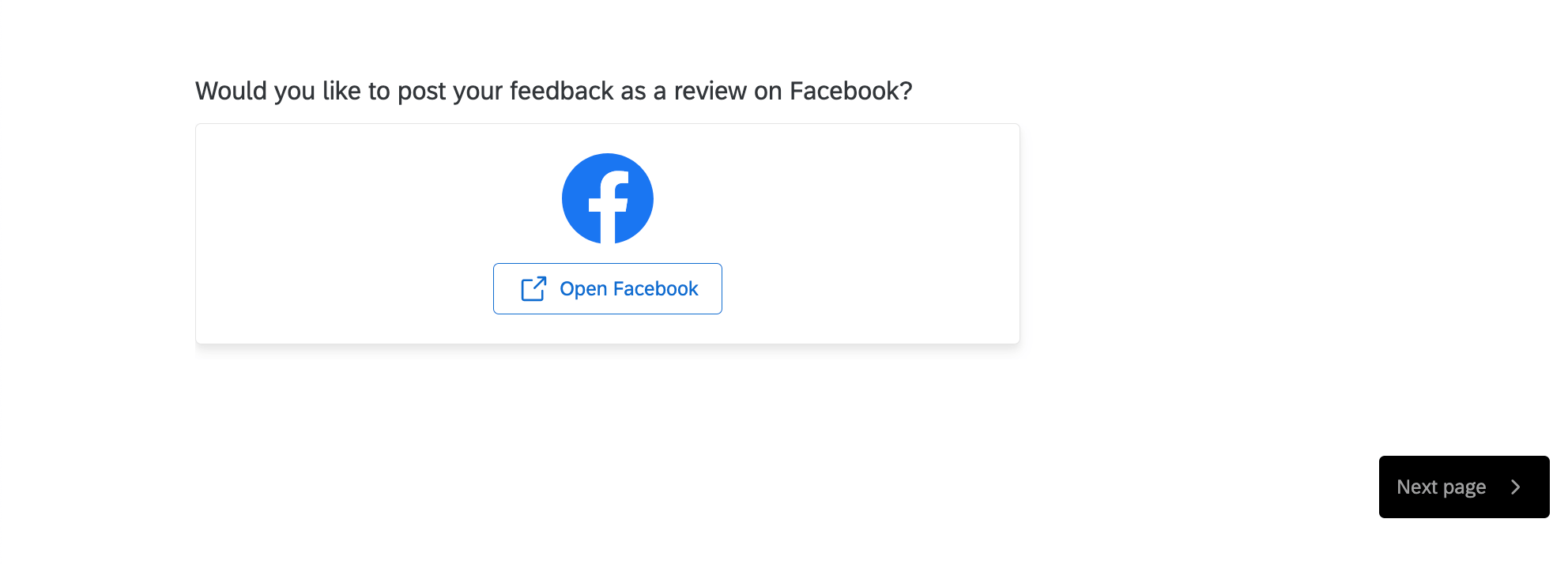 Image of a question that says, "would you like to leave a review on Facebook?" then a link to open facebook