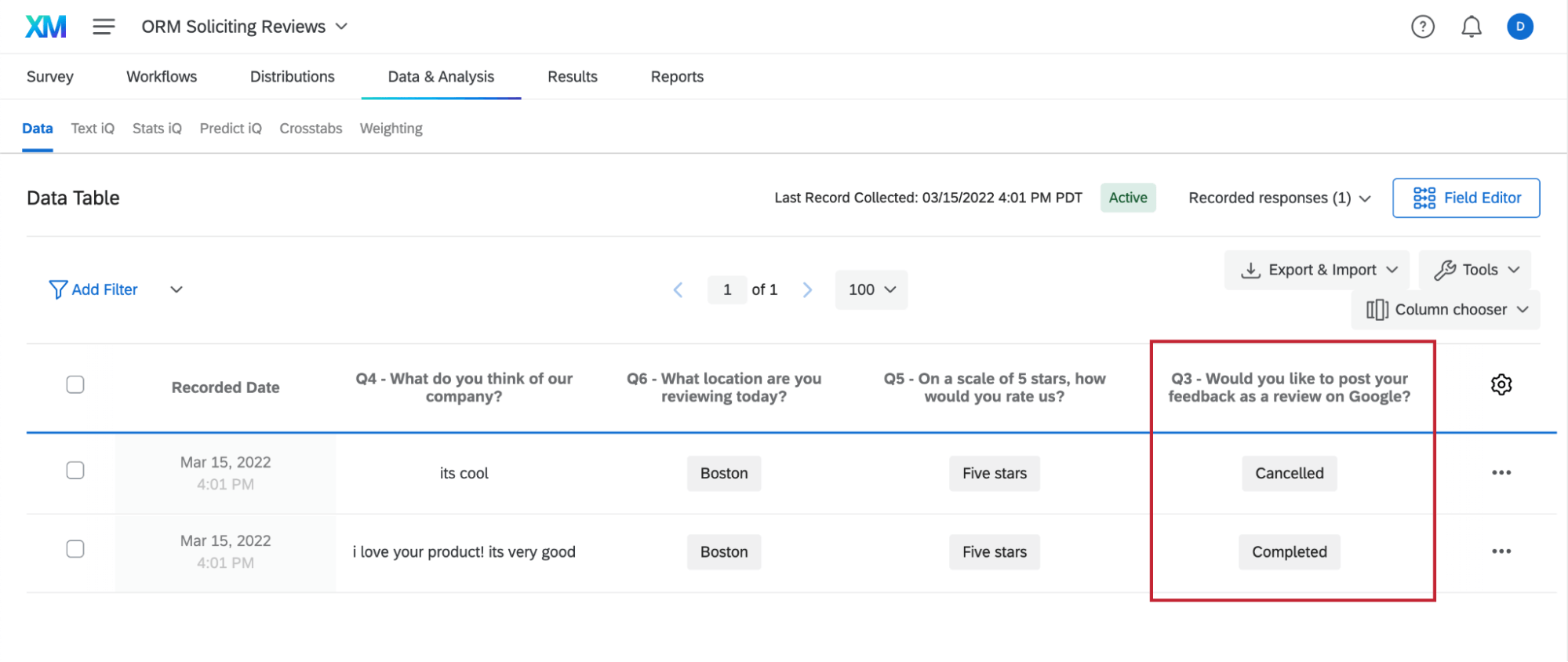 Image of a google review question opened in data & analysis
