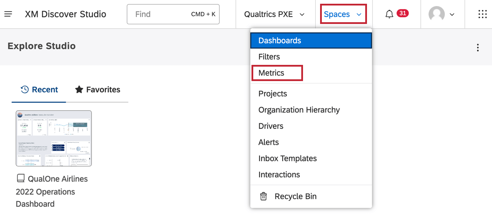 metrics page under spaces menu