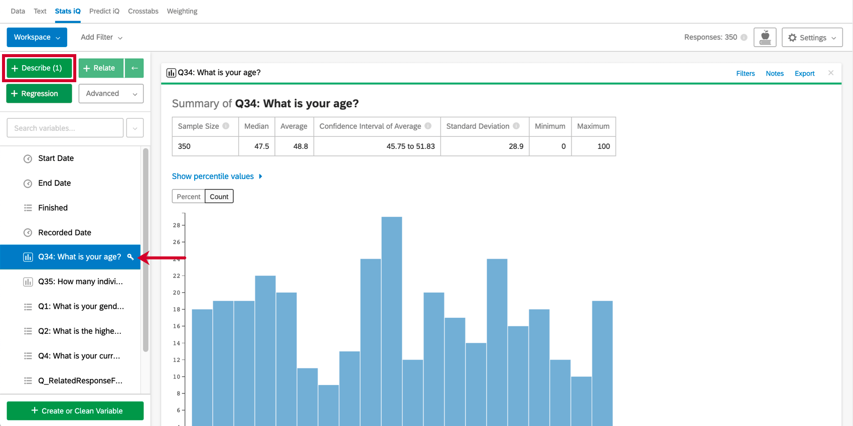 Left, describe button and age variable are selected. To right, a graph describing the the age variable, showing distribution for the data set