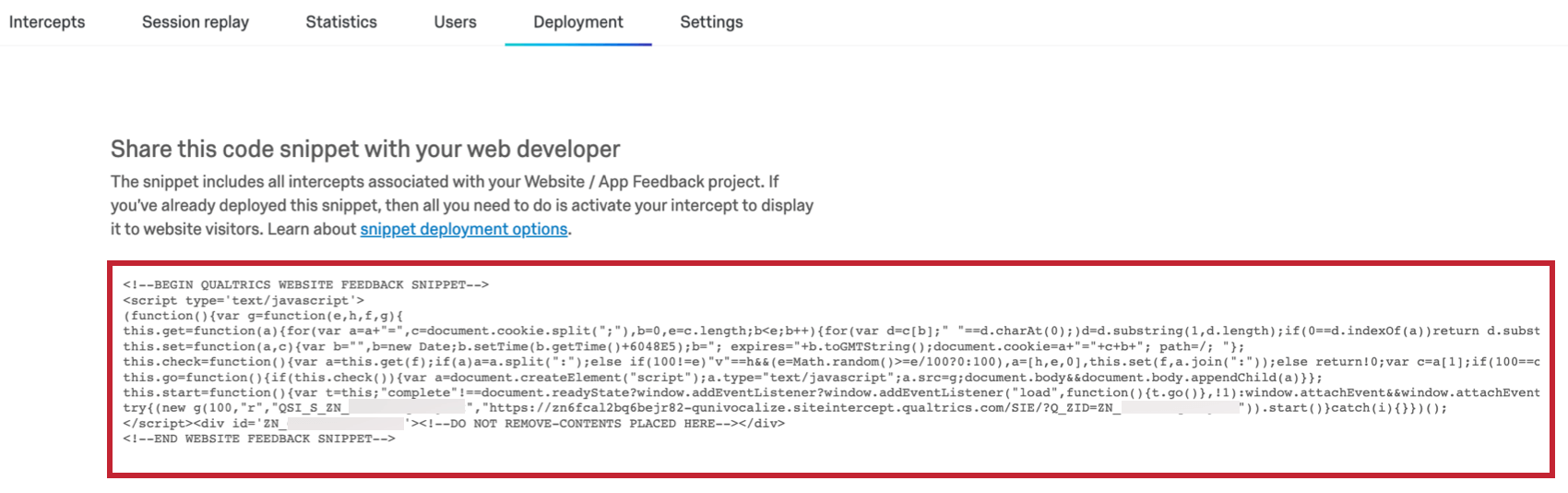 The Deployment section. Beneath the navigation bars is a large field with Javascript code inside