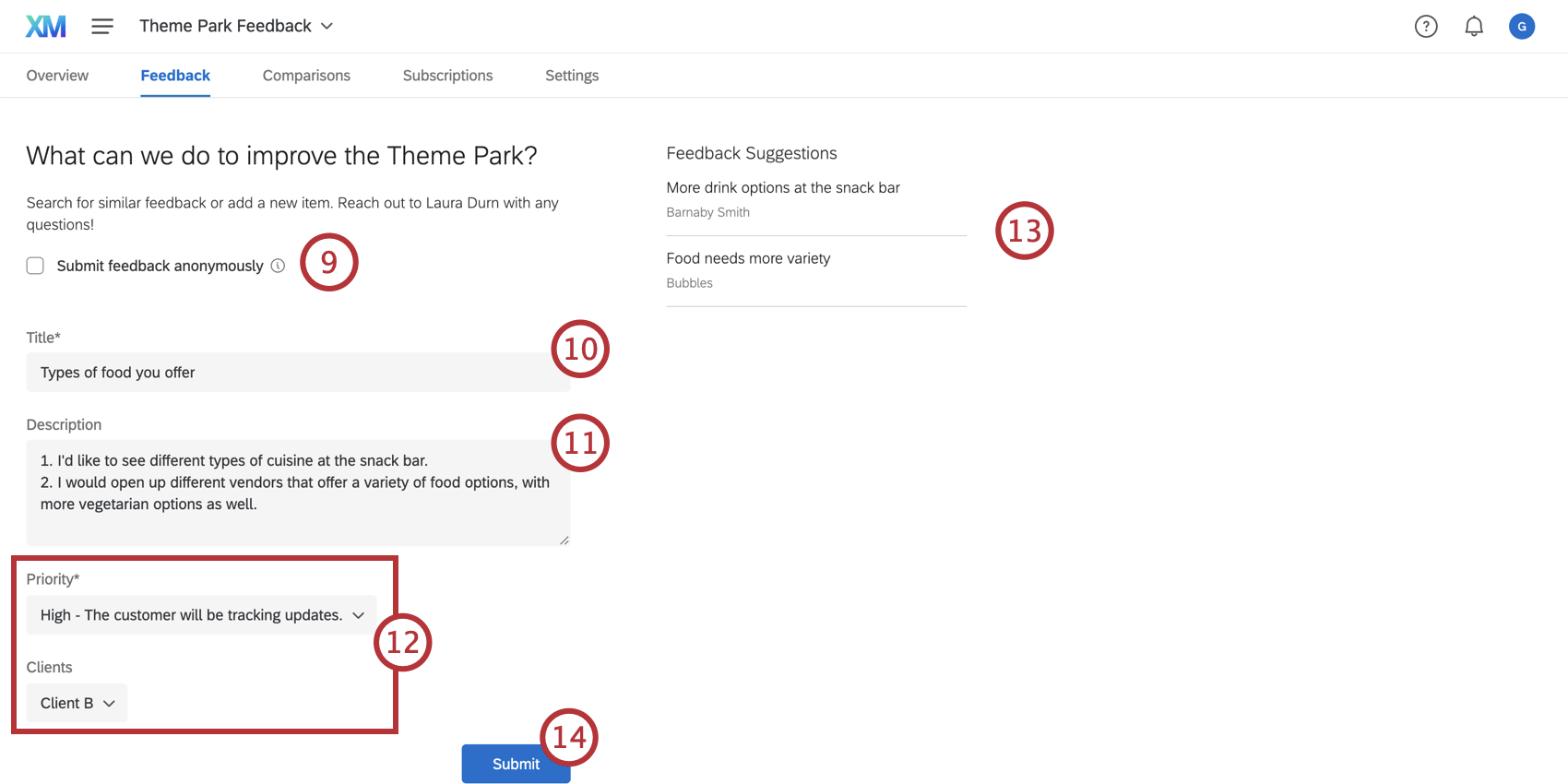 Submitting feedback with a feedback form; each field is indicated