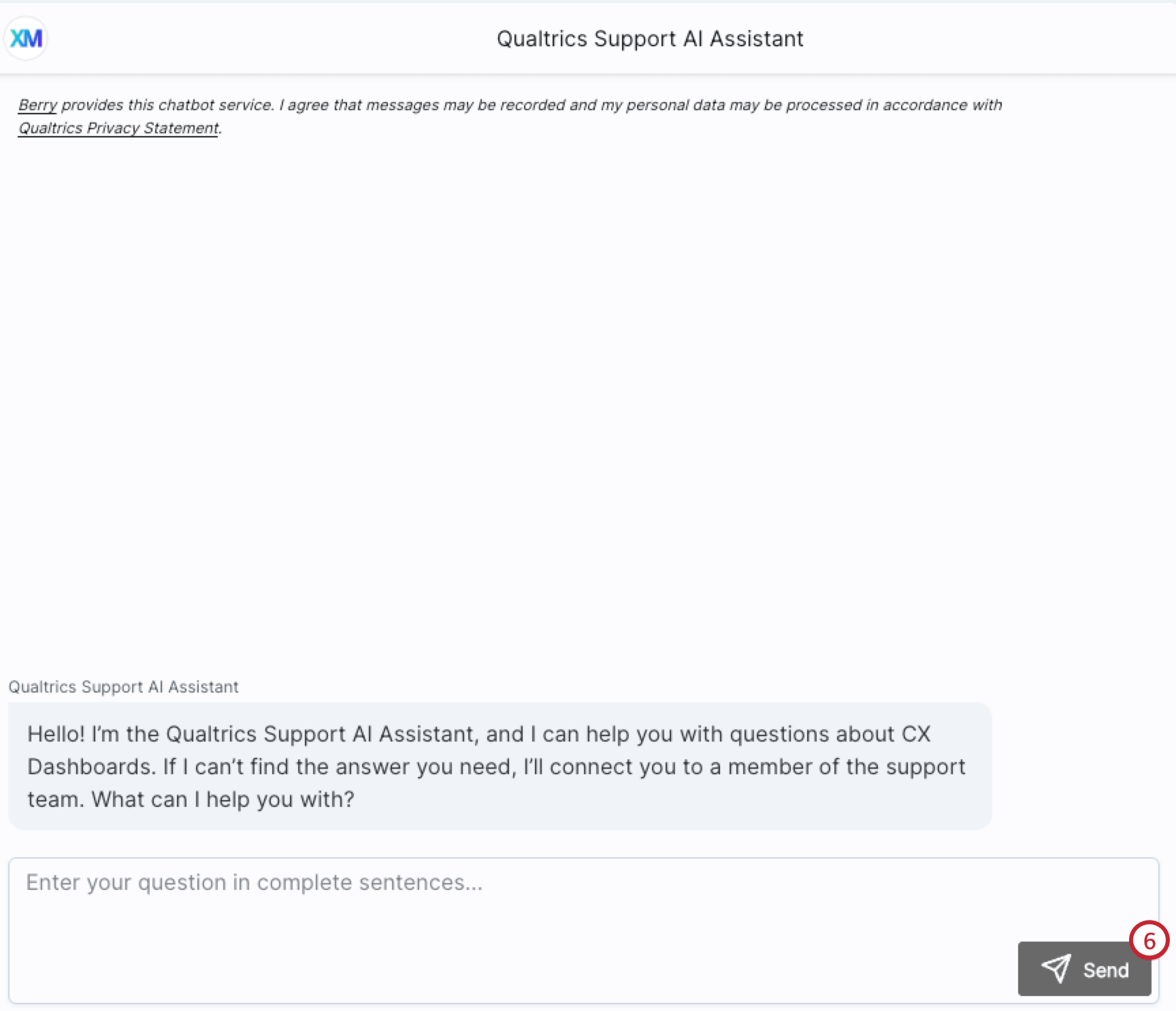 button to send a message to the support chatbot