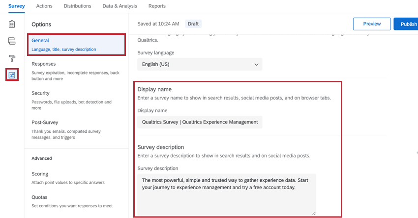 navigating to the display name and survey descriptions settings in the general section of survey options