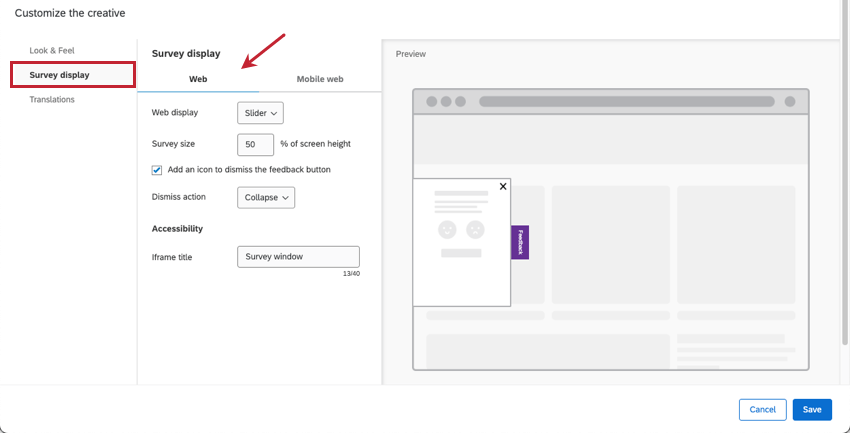 Survey display section for the feedback button in Web