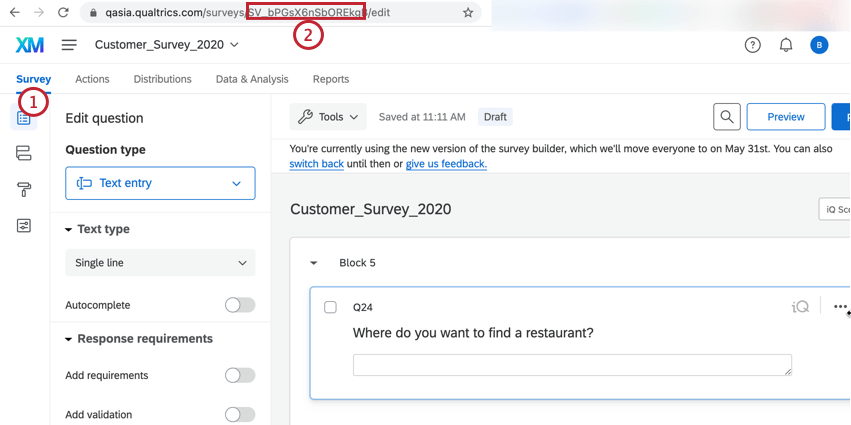 finding the survey ID in the web browser url