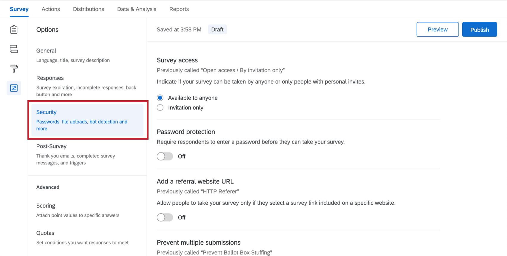 Security section of survey options