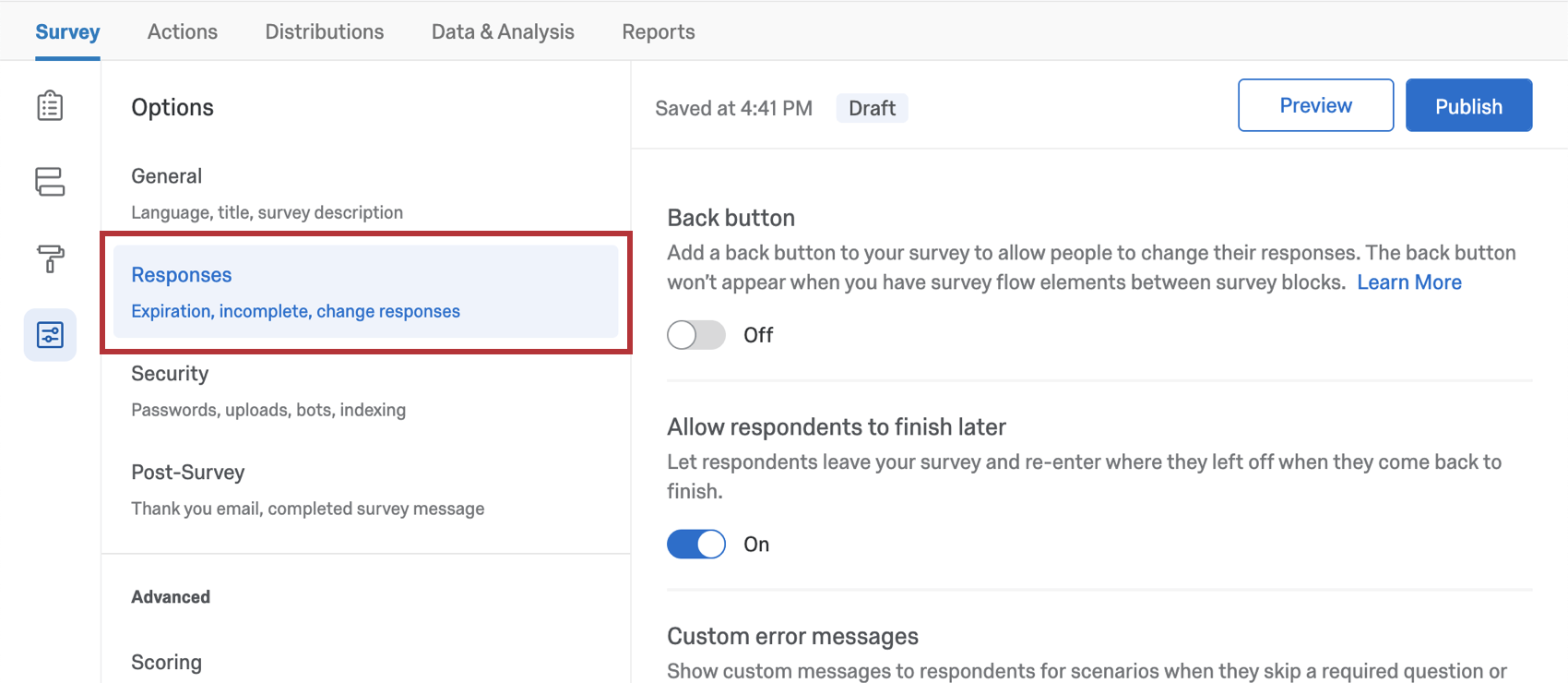 Responses section of survey options
