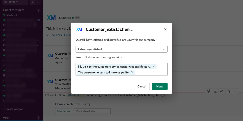 Window where you fill out questions in Slack