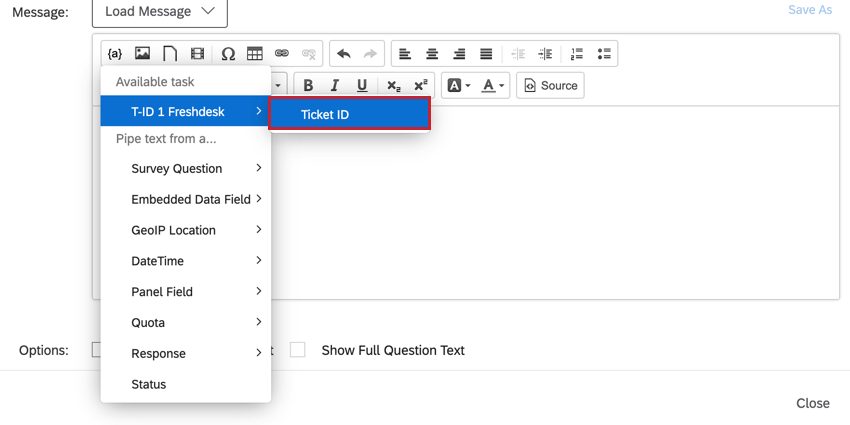 using the piped text menu to choose the ticket task