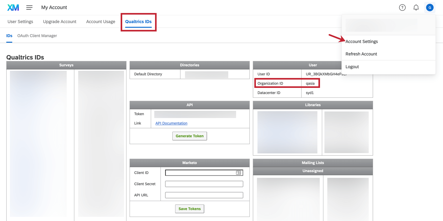 Finding the Organization ID in the Qualtrics IDs section of the Account Settings