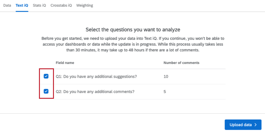 selecting questions to upload to text iq