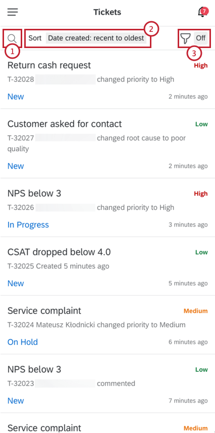 Ticketing options in the XM Mobile App with the search, sort, and filter options highlighted at the top