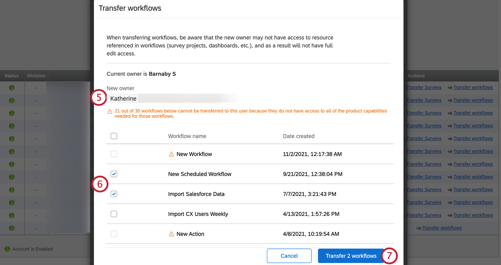 selecting the user to transfer to and the workflows to transfer