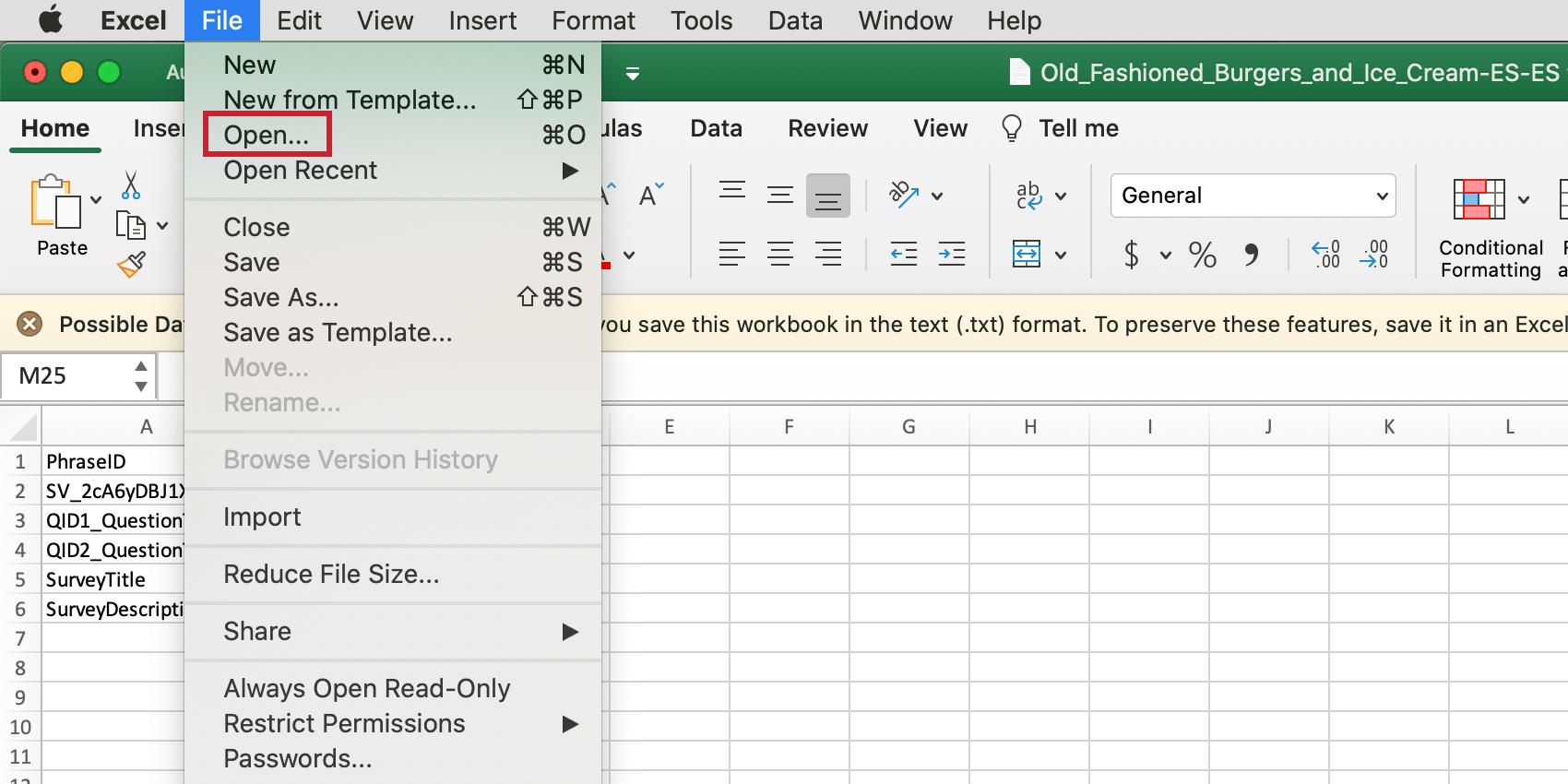 Going to File and Open on Excel