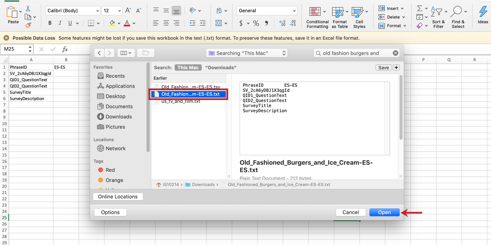 Opening a txt excel file
