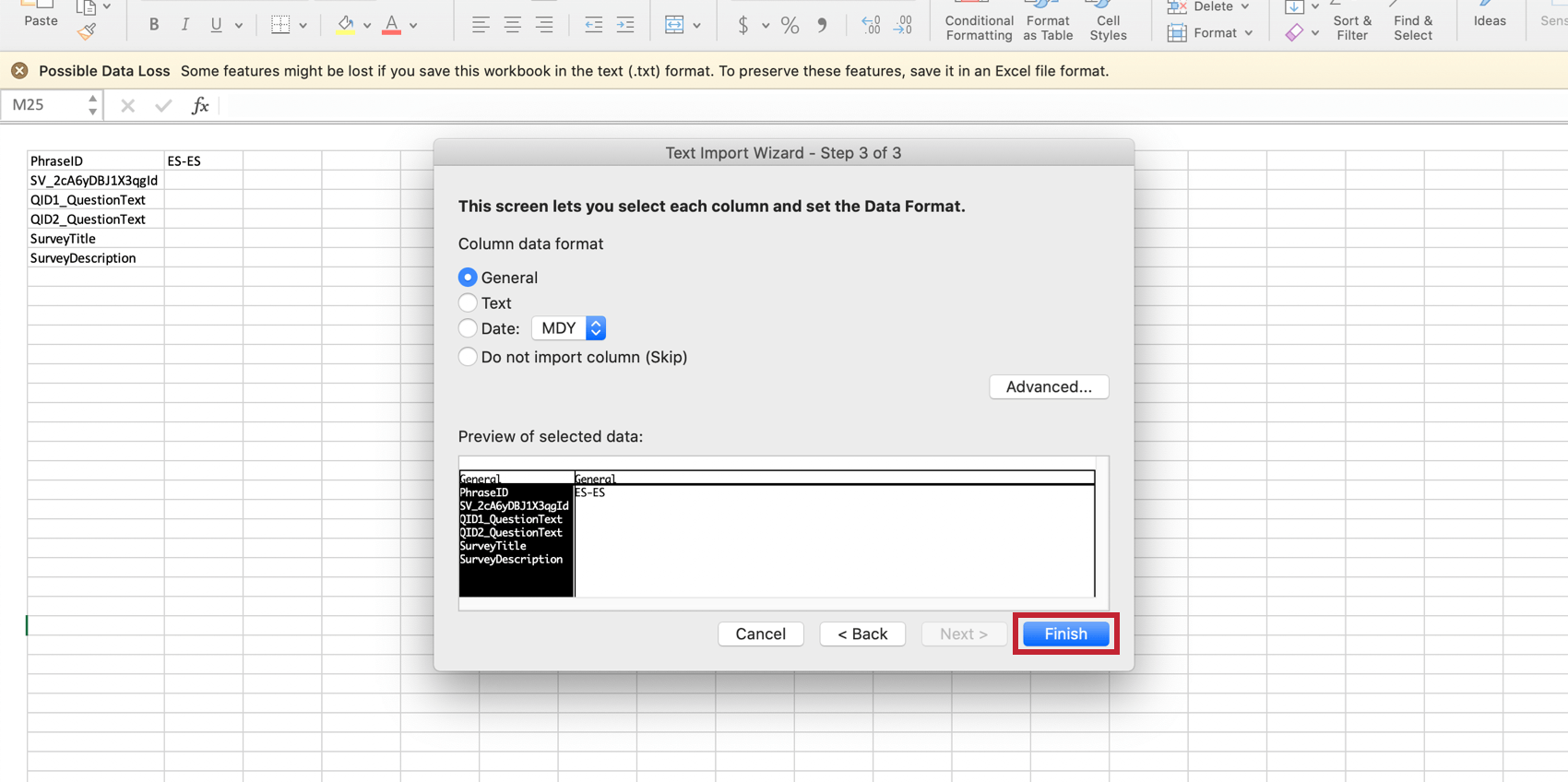 finish button on lower-right