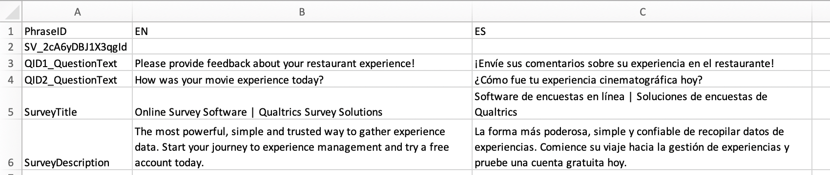 CSV of translation file