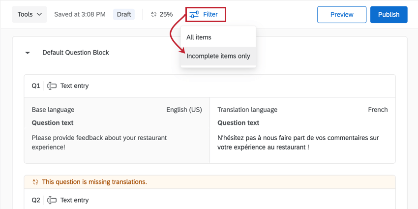 using the filter to select only incomplete items