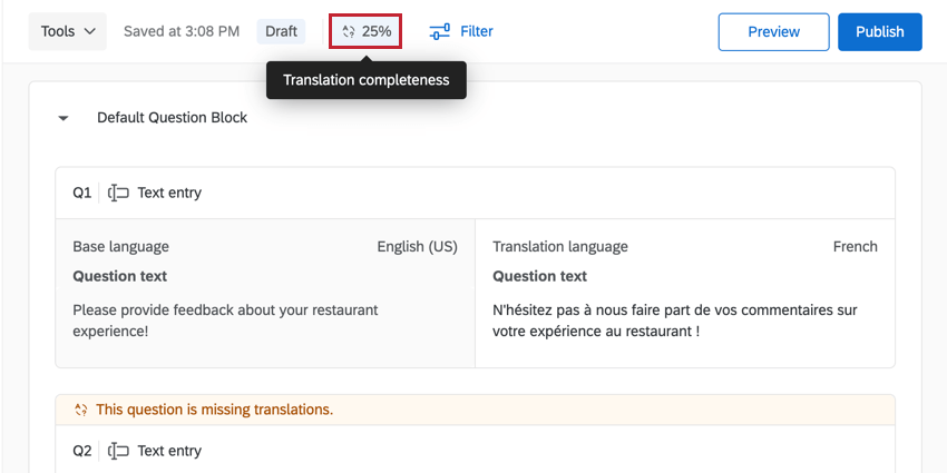 the percentage showing how far along the translation is