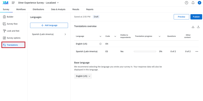 the translations tab on the left hand side of the survey builder