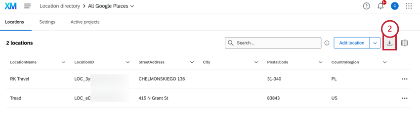 clicking the "download locations" button