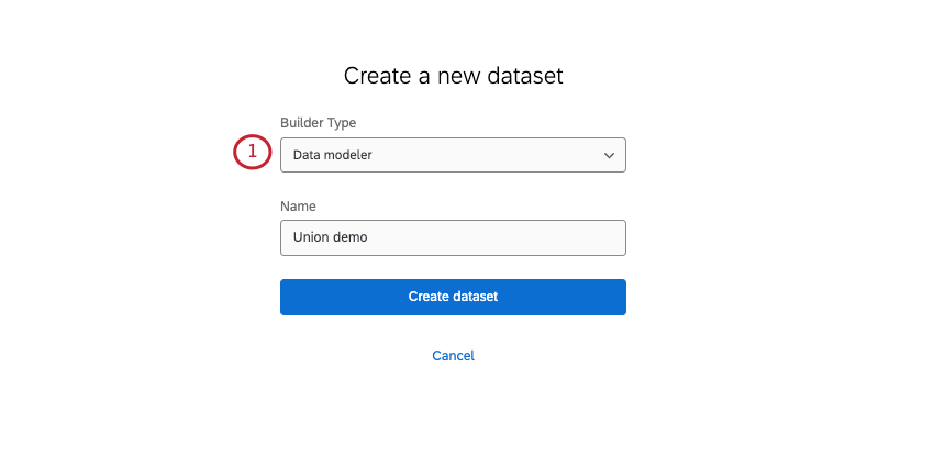 Data model selected on the creating a dataset page