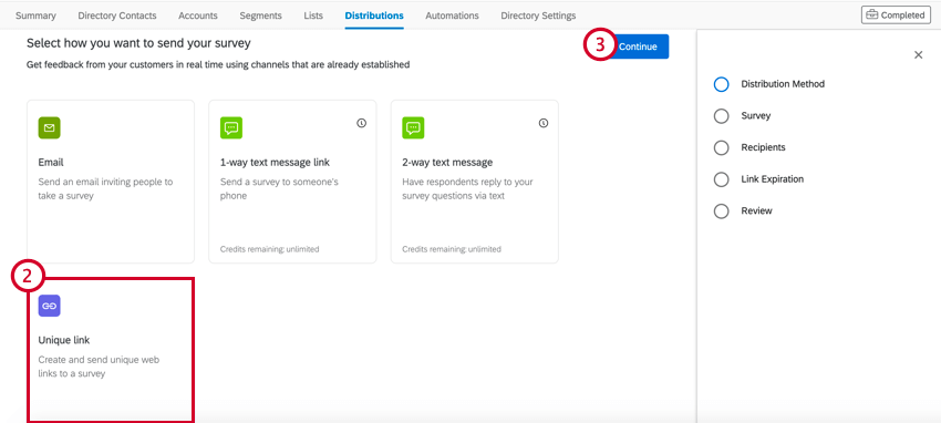 the distributions tab in xm directory. the unique link option is selected