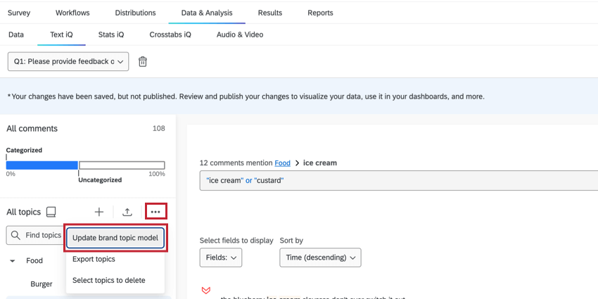 clicking "update brand topic model" in the options menu