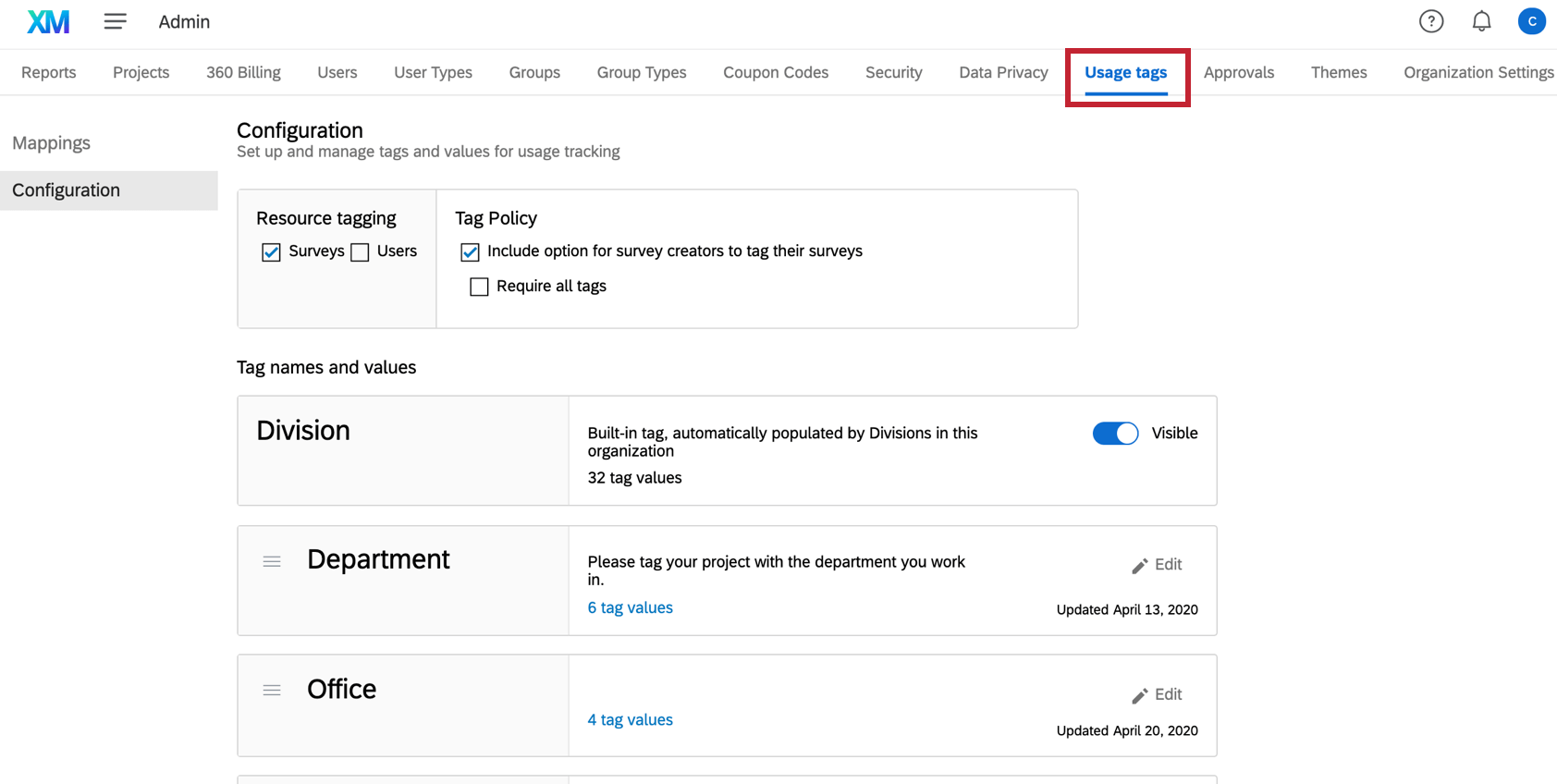 the usage tags tab in admin