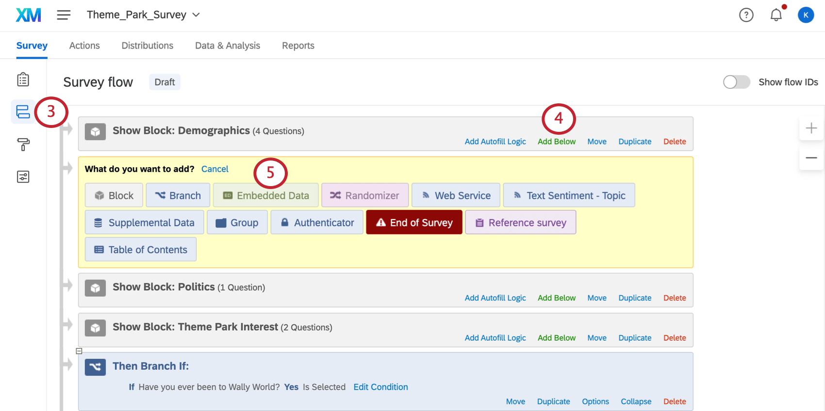 Adding an embedded data field in the survey flow, setting it just underneath the first block