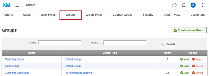 Groups Tab within the Admin page