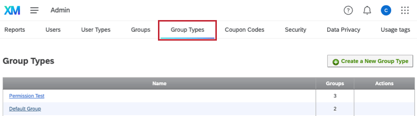 Group Types tab within the Admin page