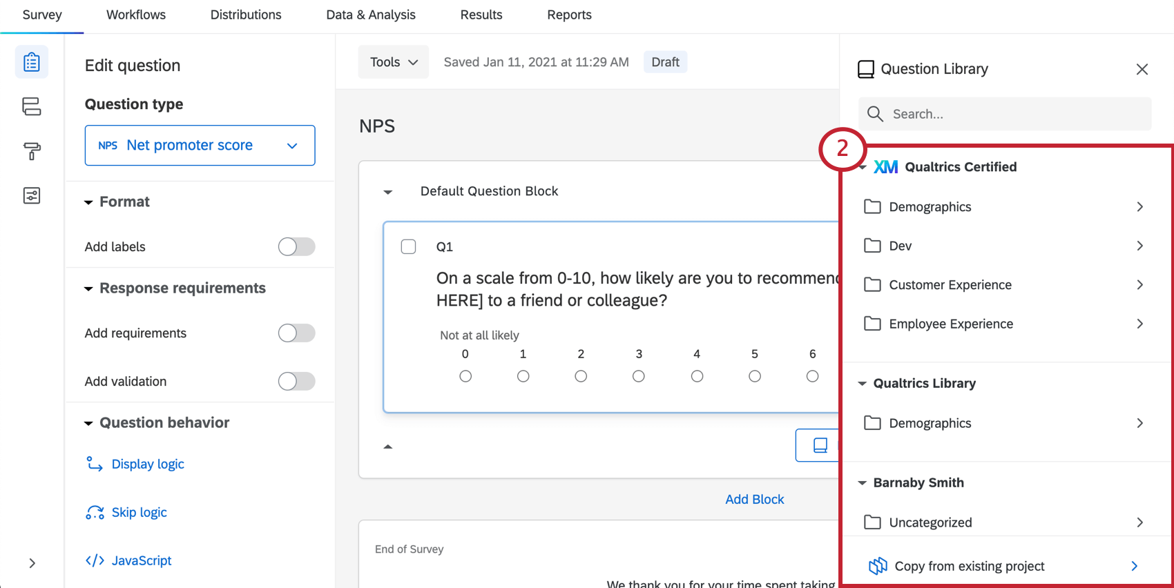 Image of library menu that opens when you are adding a library question in the survey builder