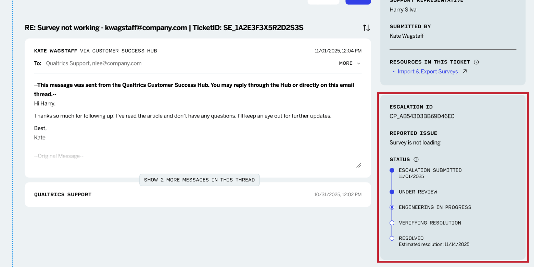 viewing escalation information in the support ticket