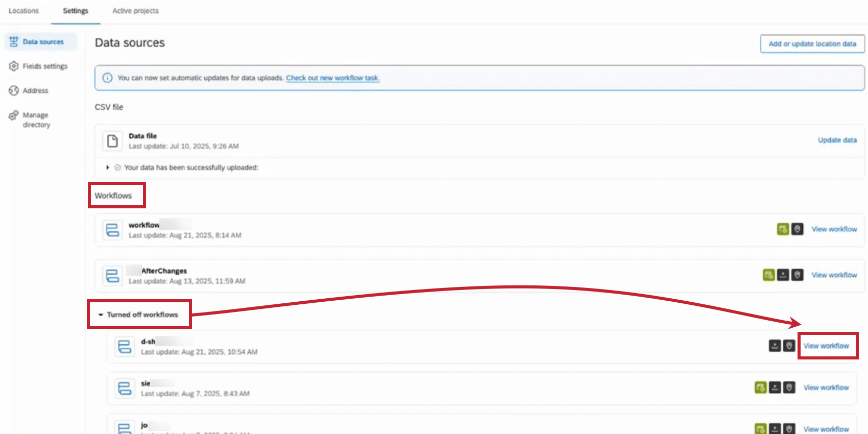 in the settings tab, viewing location workflows