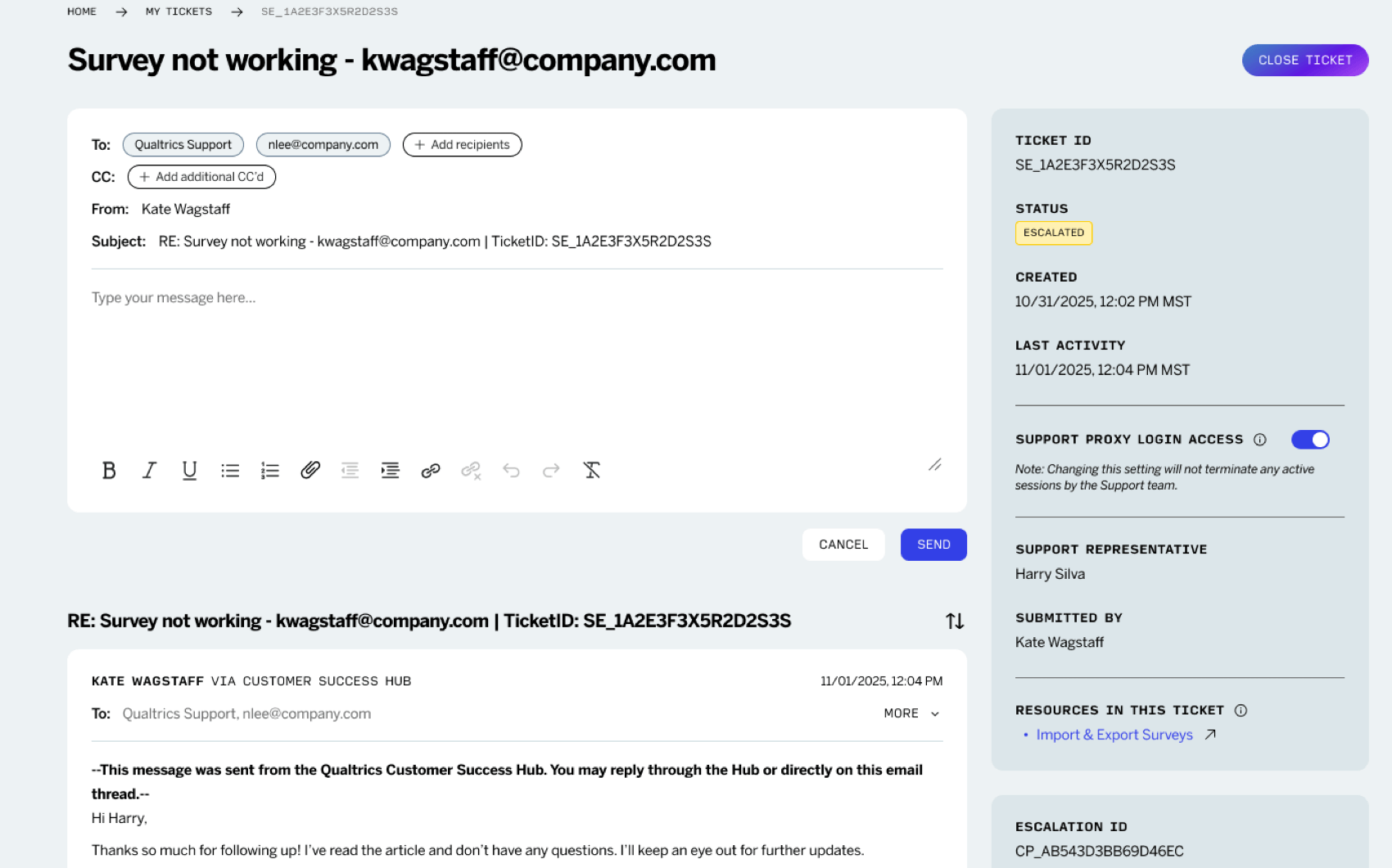viewing an email ticket in the hub