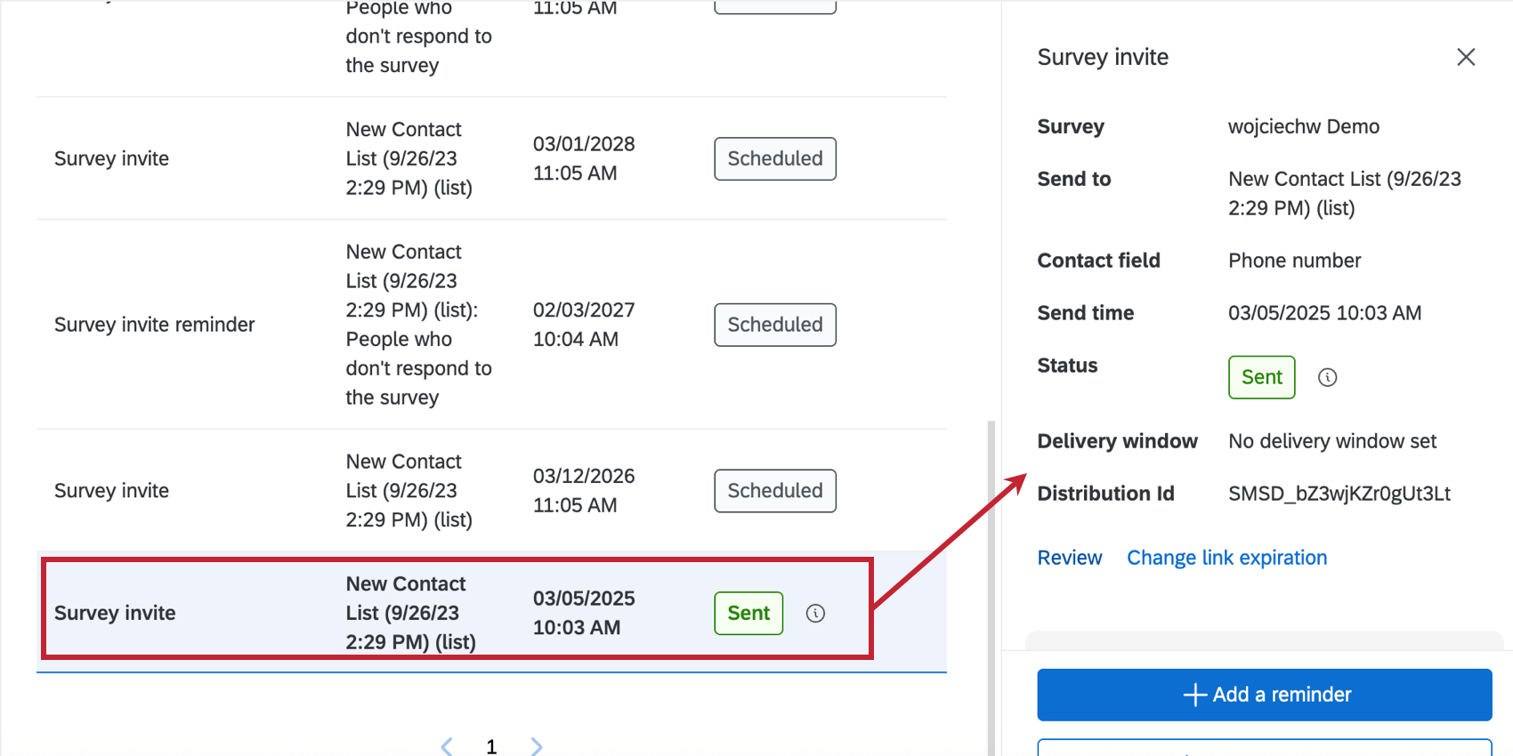 clicking an SMS distribution to view more info