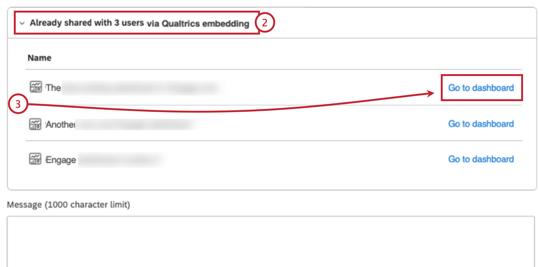 scrolling to the "already embedded" section to view a list of qualtrics dashboards