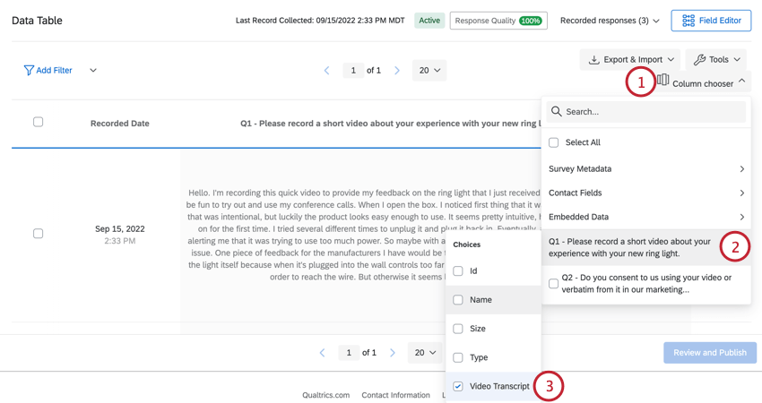 adding the transcript in using the column chooser