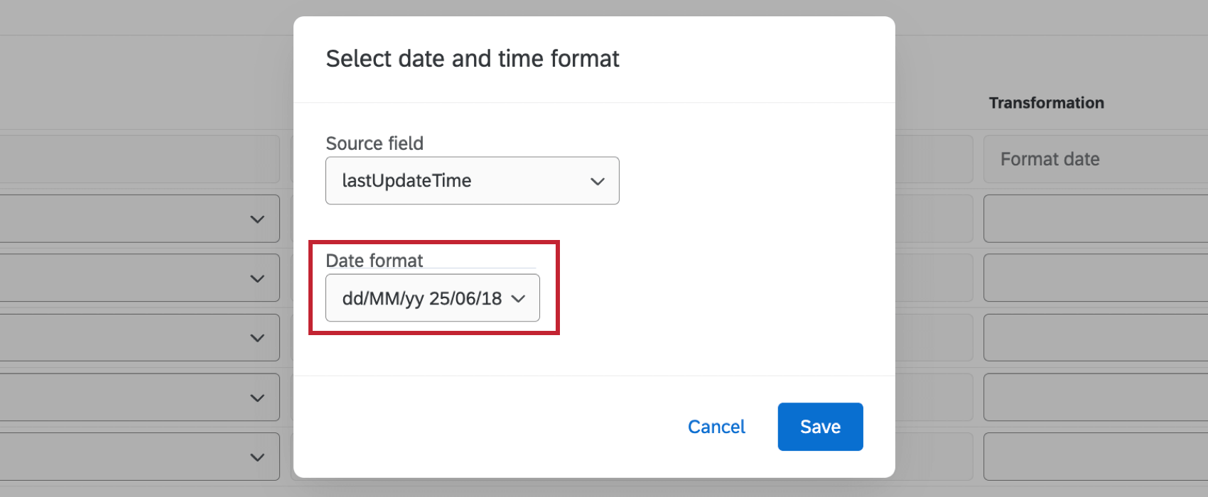 "date format" option highlighted within the transformation pop-up