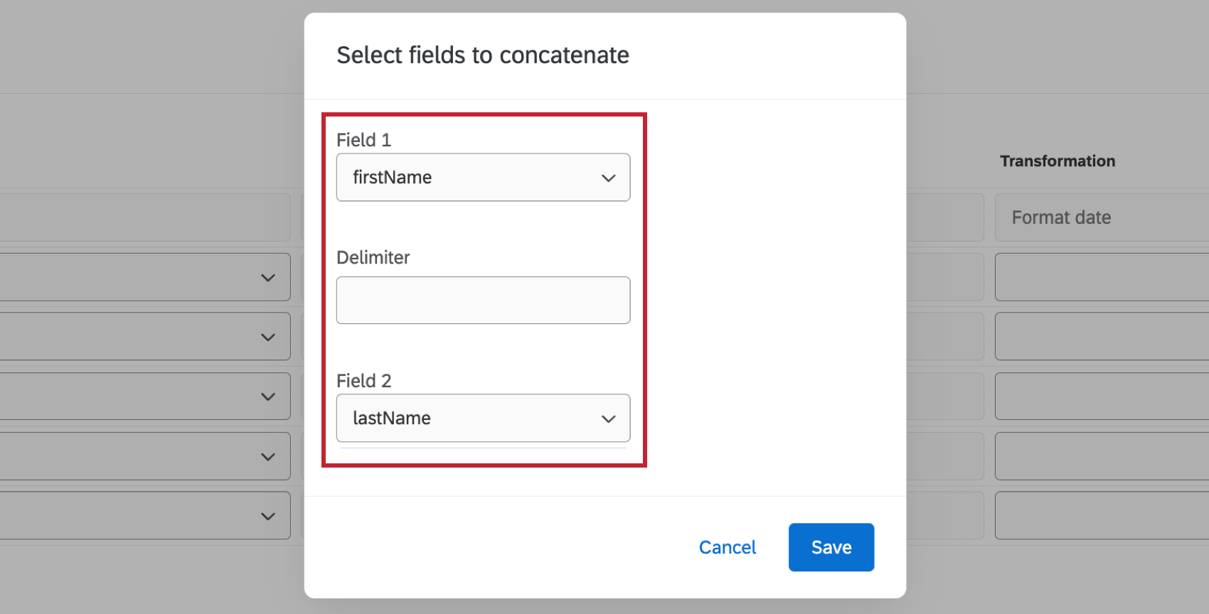 dropdowns to select 2 fields to concatenate and transform a variable