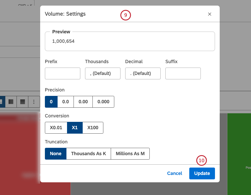 Depending on the calculation selected, you can define different settings. Click Update.