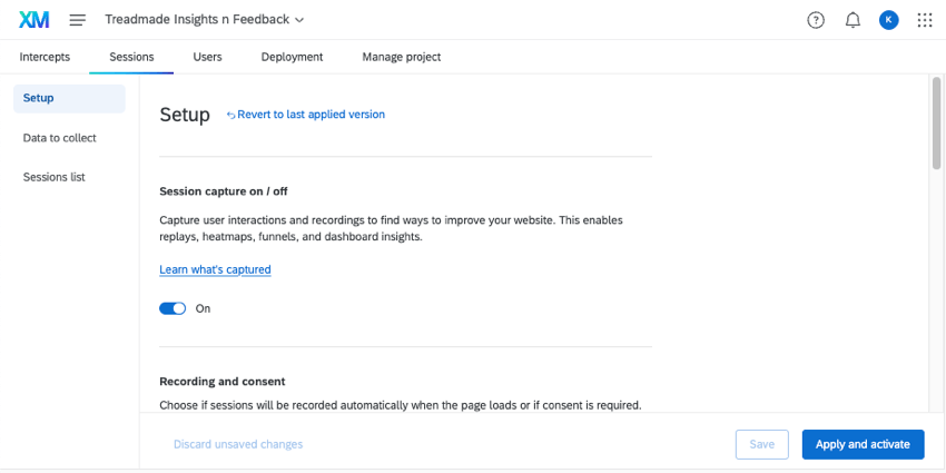 sessions tab of a website feedback project