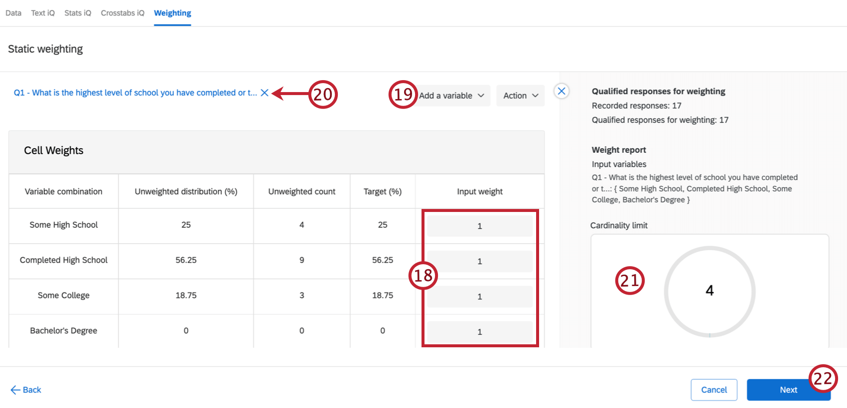 table with weighting information where weights can be adjusted