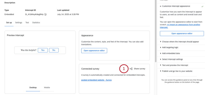 clicking Share survey on the summary page