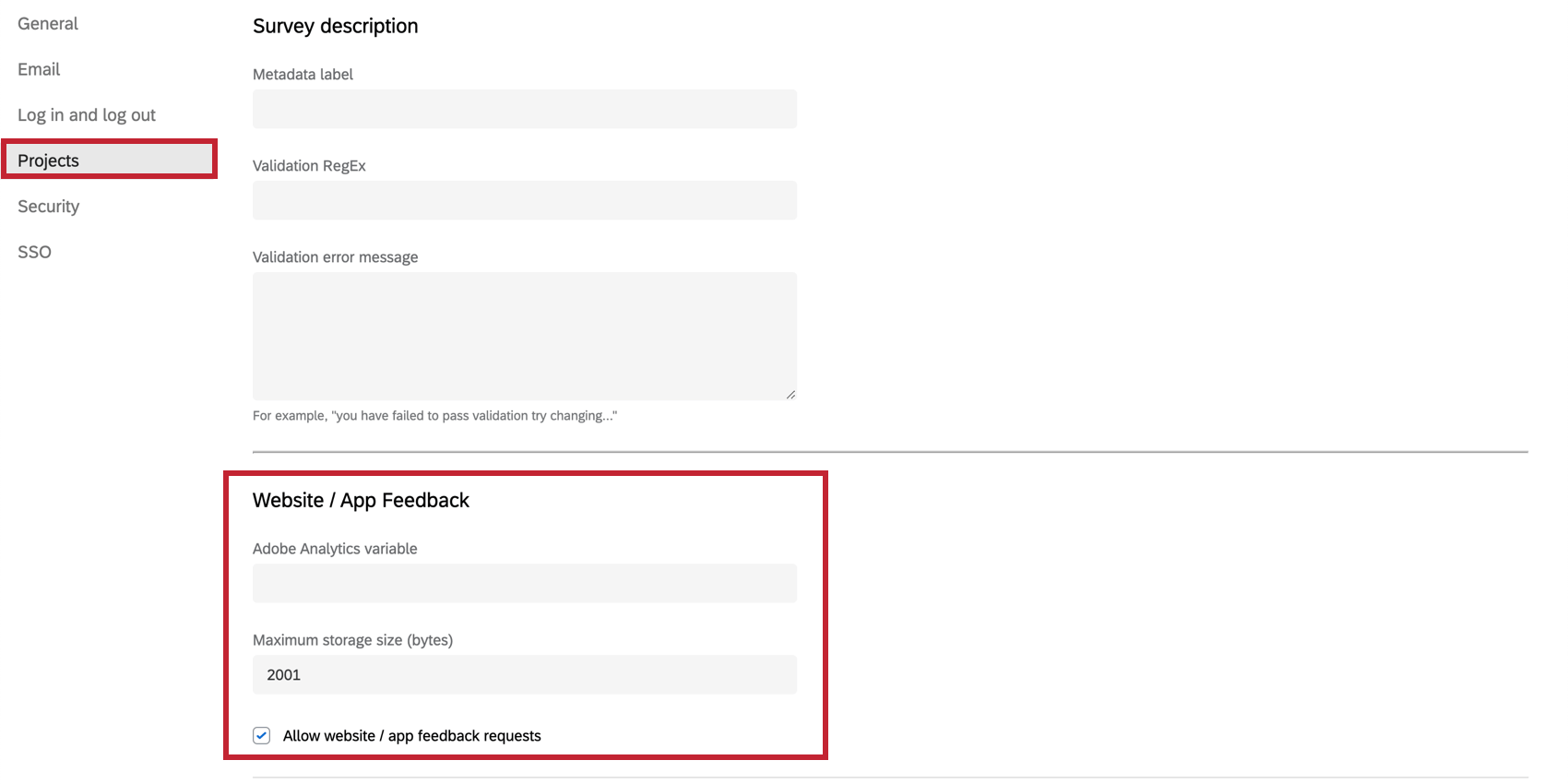 Website / App Feedback settings in the Projects section of the Organization Settings page